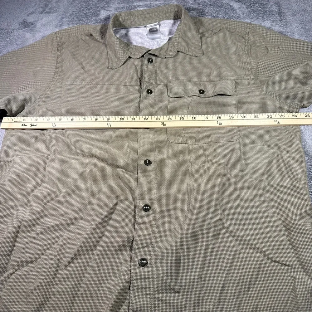 The North Face Mens XL Short Sleeve Button Down Shirt Dark Khaki Grid Hiking
